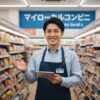 現役のコンビニ店長である齋藤正志がタブレットを持ち、自身のブログ「マイローカルコンビニ」の店内を背景に笑顔で案内する様子