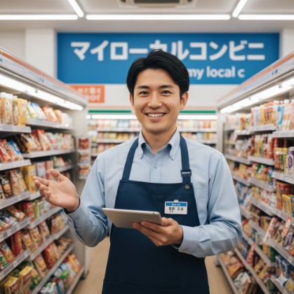 現役のコンビニ店長である齋藤正志がタブレットを持ち、自身のブログ「マイローカルコンビニ」の店内を背景に笑顔で案内する様子