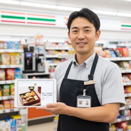 現役の日本人コンビニ店長がセブンイレブンの法事向け弁当「ごちそう膳」をタブレットで紹介している