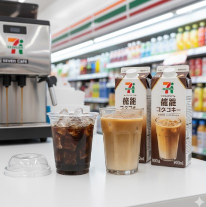 セブンイレブンの店内で、店頭マシンで淹れたアイスコーヒーと、セブンプレミアムの濃縮コーヒーパック、そしてそれで作ったカフェオレが並べられている様子。