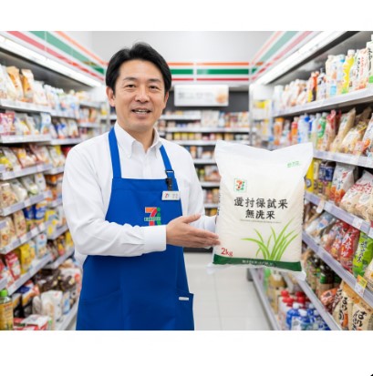 コンビニ店長の齋藤正志が、セブンイレブンの店内で備蓄米について専門家の視点から解説している様子。