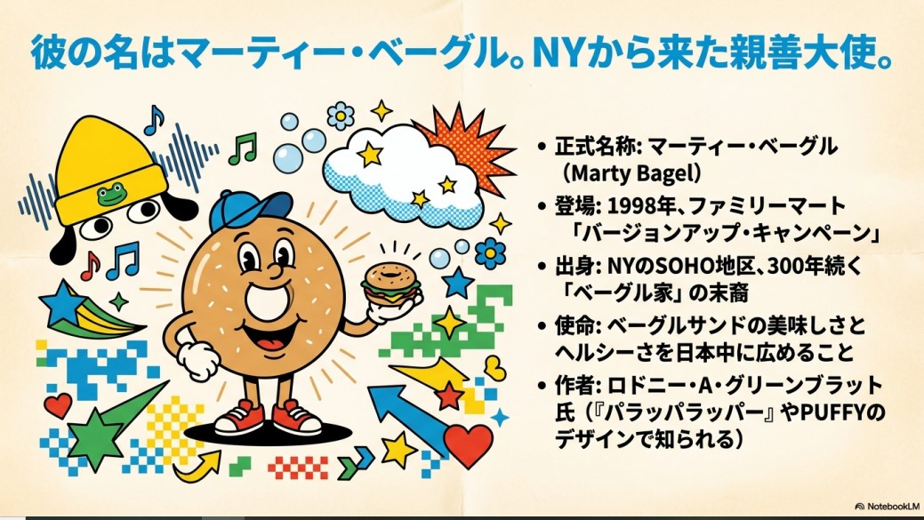 ファミリーマートのキャラクター「マーティー・ベーグル」の正式名称・出身地・使命・作者ロドニー氏に関するプロフィール詳細