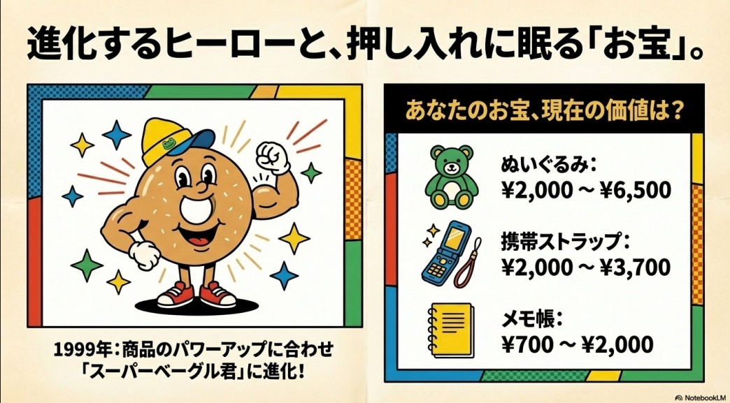 筋肉質に進化したスーパーベーグル君のイラストと、ぬいぐるみ・携帯ストラップ・メモ帳の現在のメルカリ等での取引価格相場一覧