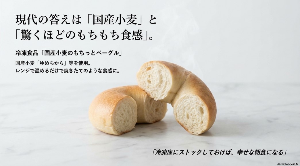 現在販売中のファミリーマート冷凍食品「国産小麦のもちっとベーグル」のパッケージと、電子レンジ調理でもちもち食感になる特徴の解説
