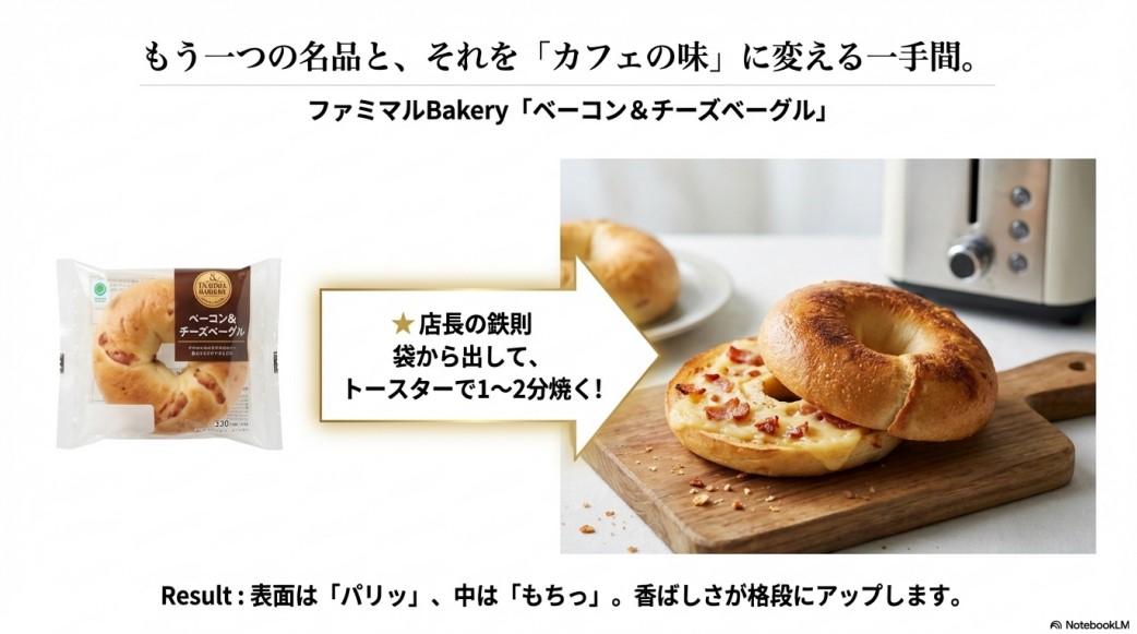 ファミマルBakery「ベーコン&チーズベーグル」の商品画像と、トースターで焼いてパリッもちっ食感にする店長おすすめの食べ方