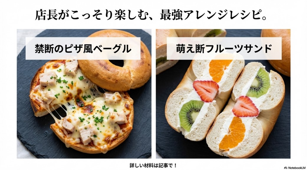 ベーグルを使ったアレンジレシピのイメージ画像。「禁断のピザ風ベーグル」と断面が美しい「萌え断フルーツサンド」の完成写真