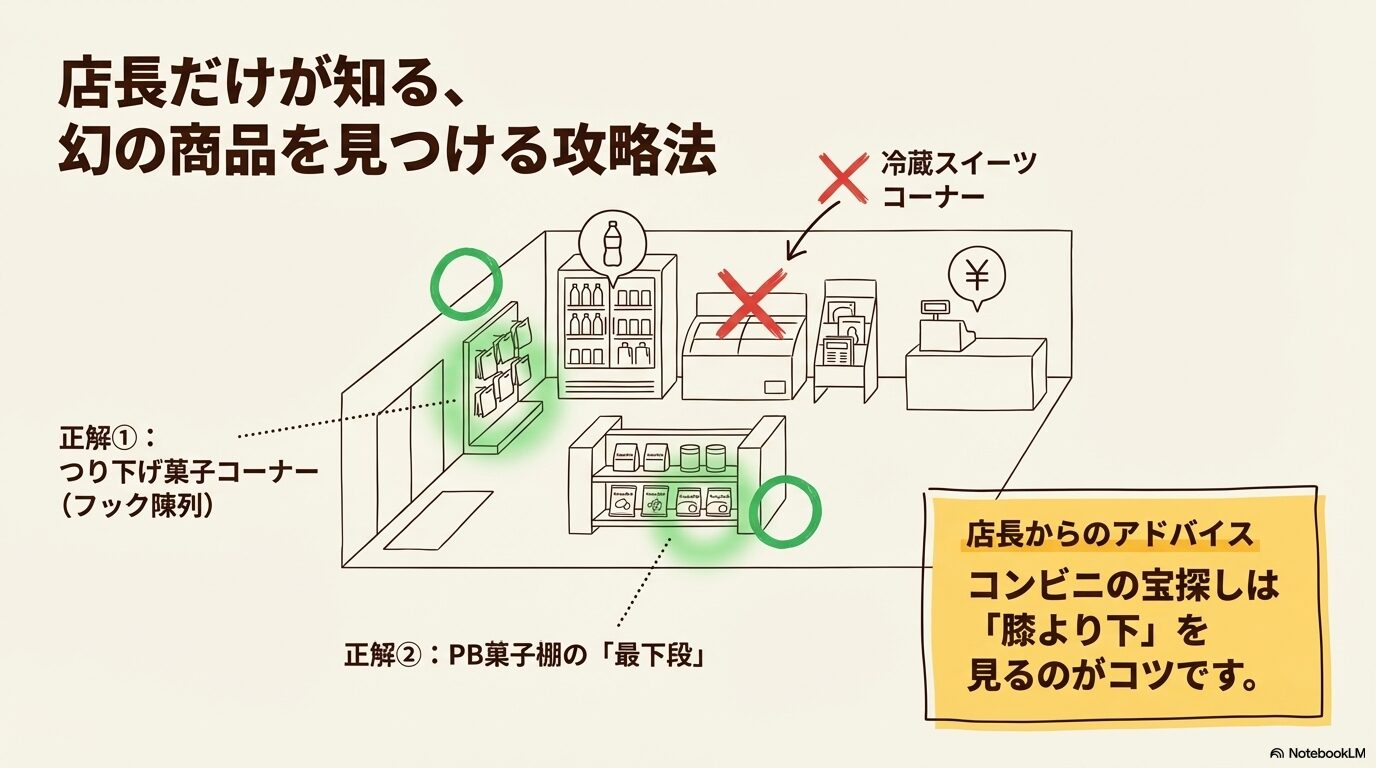 冷蔵スイーツコーナーではなく、つり下げ菓子コーナーや棚の最下段にあることを示す売り場解説図