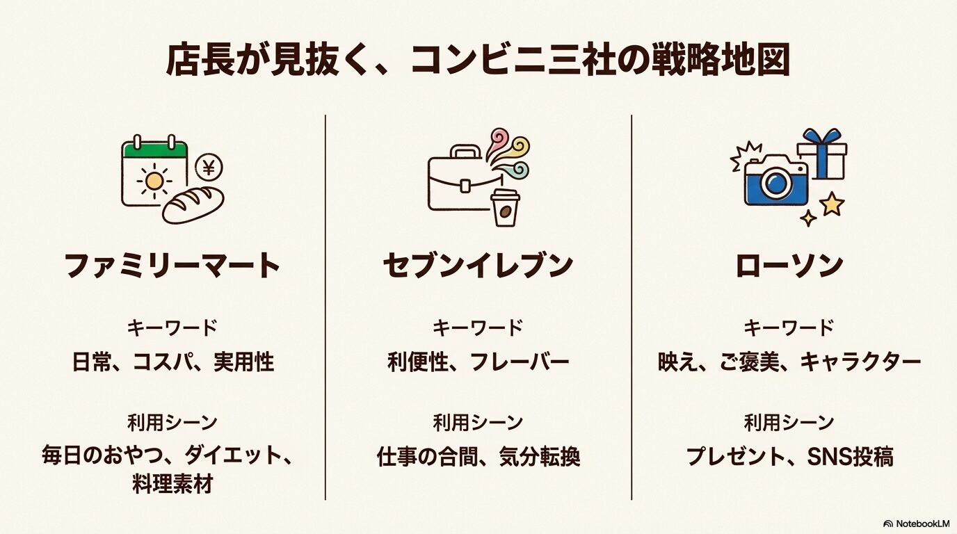 コンビニ3社のマシュマロにおけるキーワード（コスパ、利便性、映え）と利用シーンの違いをまとめた戦略地図