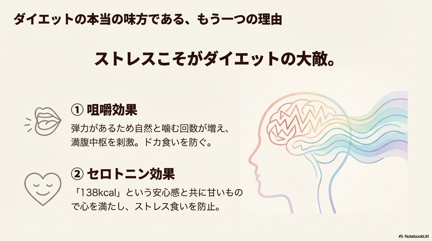 噛むことによる満腹中枢への刺激と、甘いものによるストレス緩和（セロトニン効果）を解説した脳とハートのイラスト
