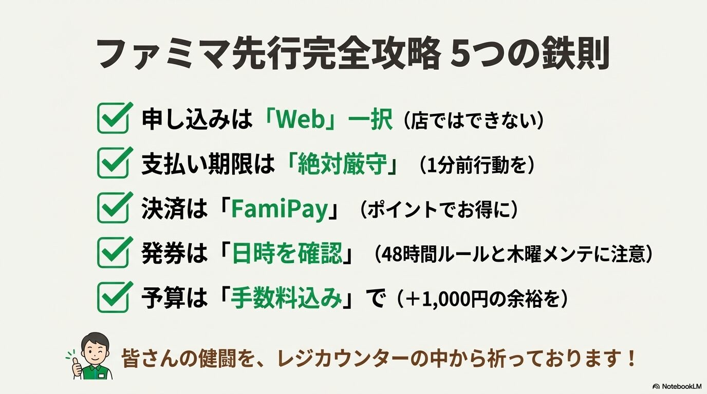 申し込み場所、期限、決済方法、発券タイミング、予算管理の5つの重要ポイントをまとめたチェックリスト画像。