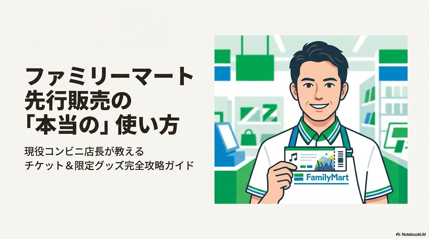 ファミリーマートの店長がチケットを手に笑顔で案内しているイラスト。「本当の使い方」と「完全攻略ガイド」というタイトル文字。