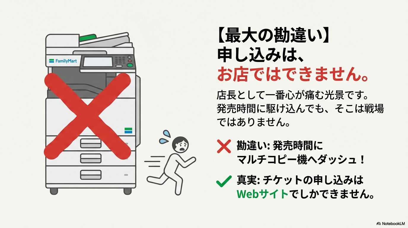 マルチコピー機のイラストに大きな赤いバツ印がついている画像。「申し込みはお店ではできません」という警告テキスト。