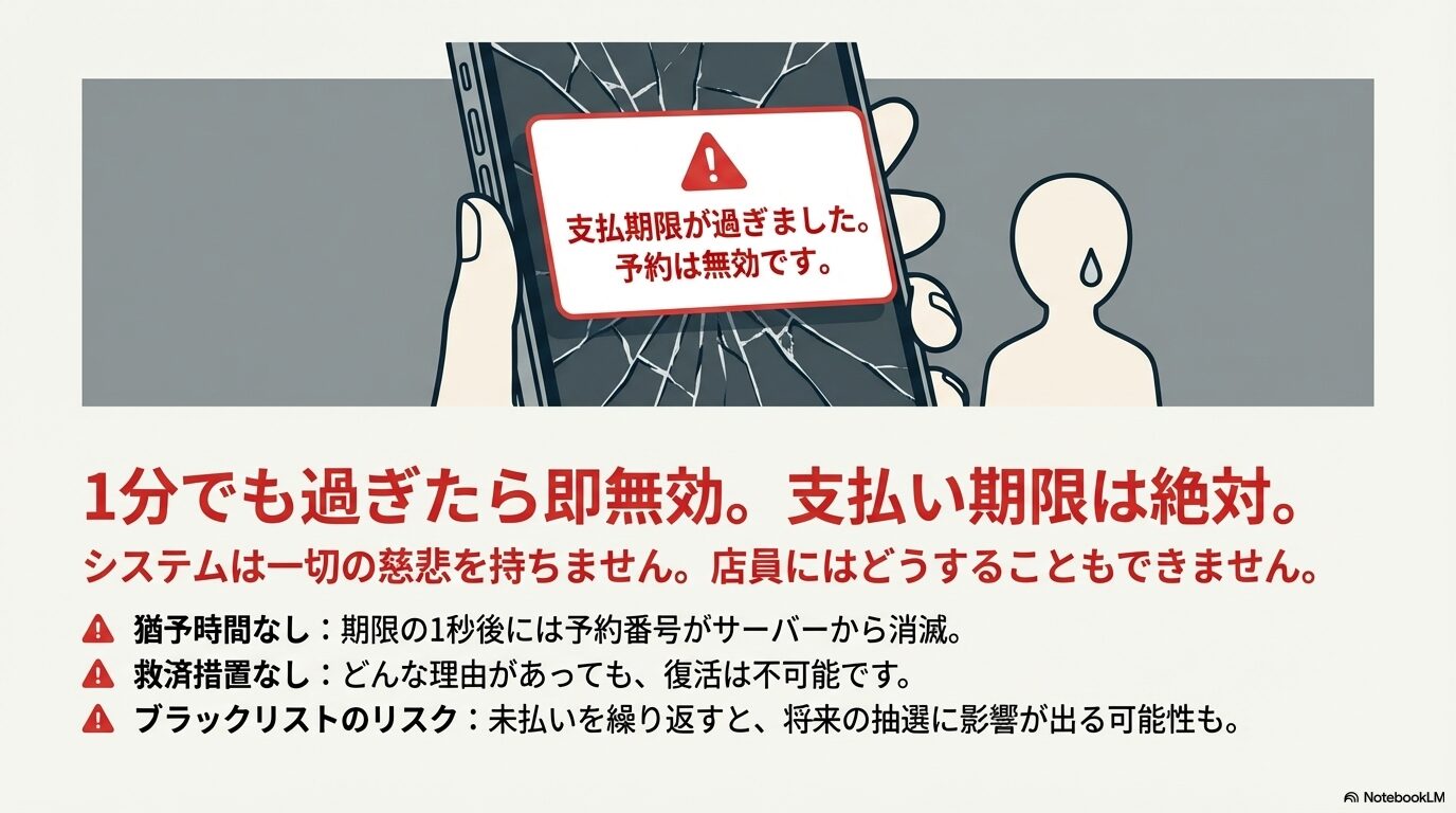 ひび割れたスマートフォンの画面に「支払期限が過ぎました。予約は無効です。」という警告が表示されているイラスト。