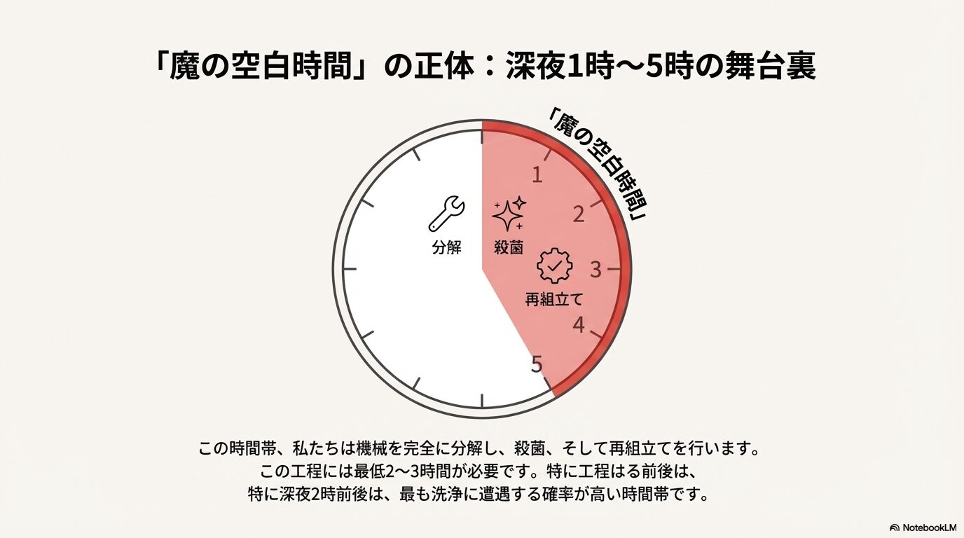 ミニストップのソフトクリームフリーザーを分解・殺菌・再組立てする深夜1時から5時の工程を示した時計のインフォグラフィック