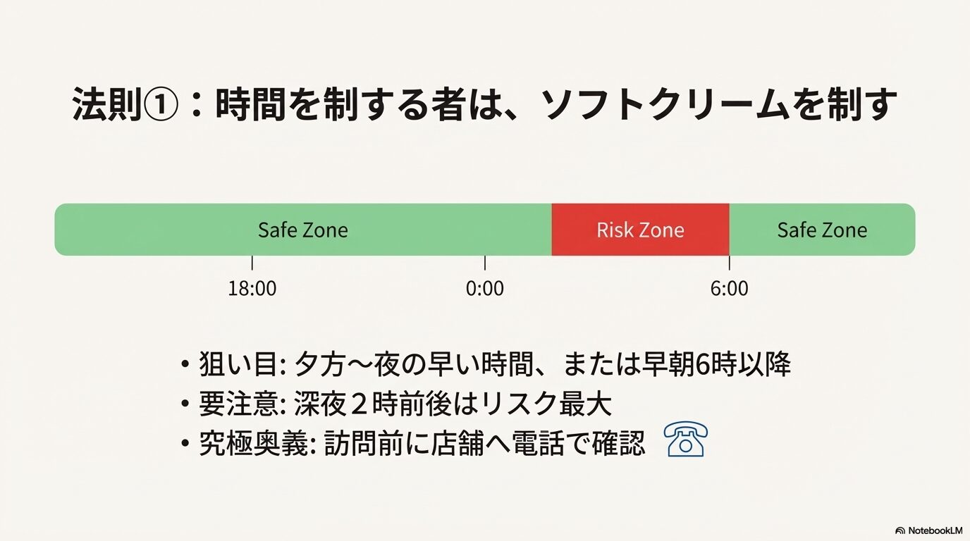 ミニストップのソフトクリームが確実に買えるSafe Zone(18時-0時、6時以降)と、リスク最大の深夜2時を示すグラフ