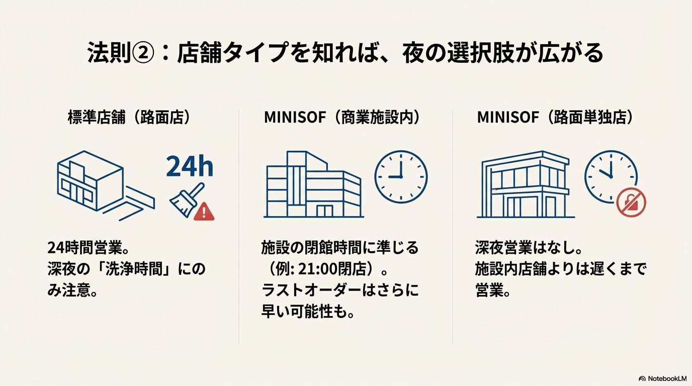 24時間営業のミニストップ標準店舗と、施設の閉館時間に準ずるMINISOFの営業時間および注意点の比較