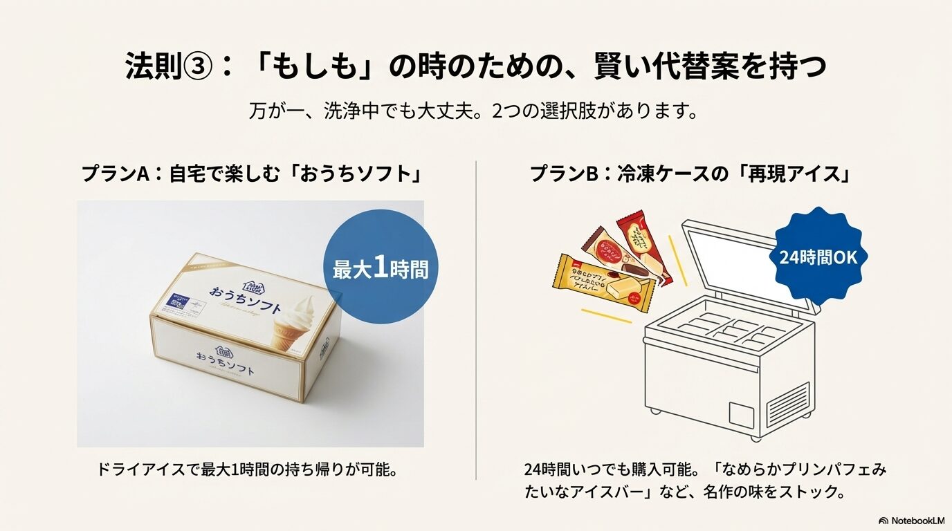 ドライアイスで最大1時間持ち帰れるおうちソフトと、24時間購入可能な冷凍ケース内の再現アイスバーの紹介