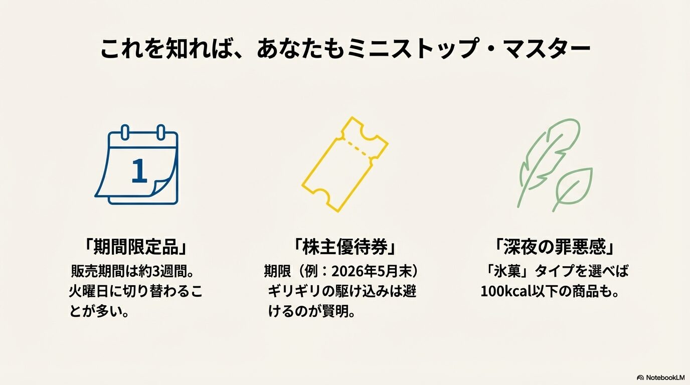 期間限定品の3週間サイクル、株主優待券の期限管理、100kcal以下の氷菓タイプのアイス選びをまとめた図