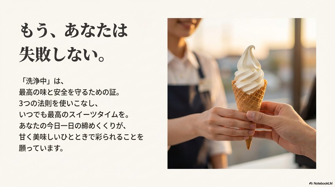 ミニストップの店員がお客様に美味しいソフトクリームを手渡している、至福の瞬間をイメージした画像