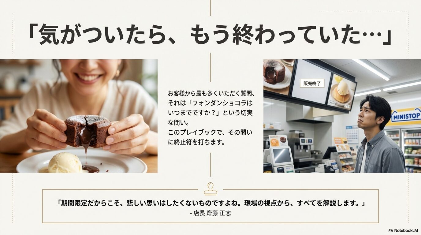 ミニストップのフォンダンショコラ販売期間について店長の齋藤正志が解説するスライド画像。