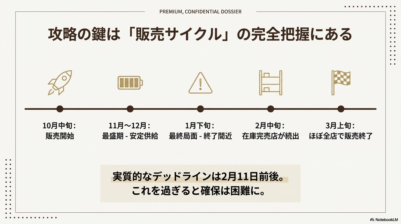 10月中旬の販売開始から3月上旬の終了までを記したミニストップ・フォンダンショコラの販売サイクル図。デッドラインは2月11日前後。