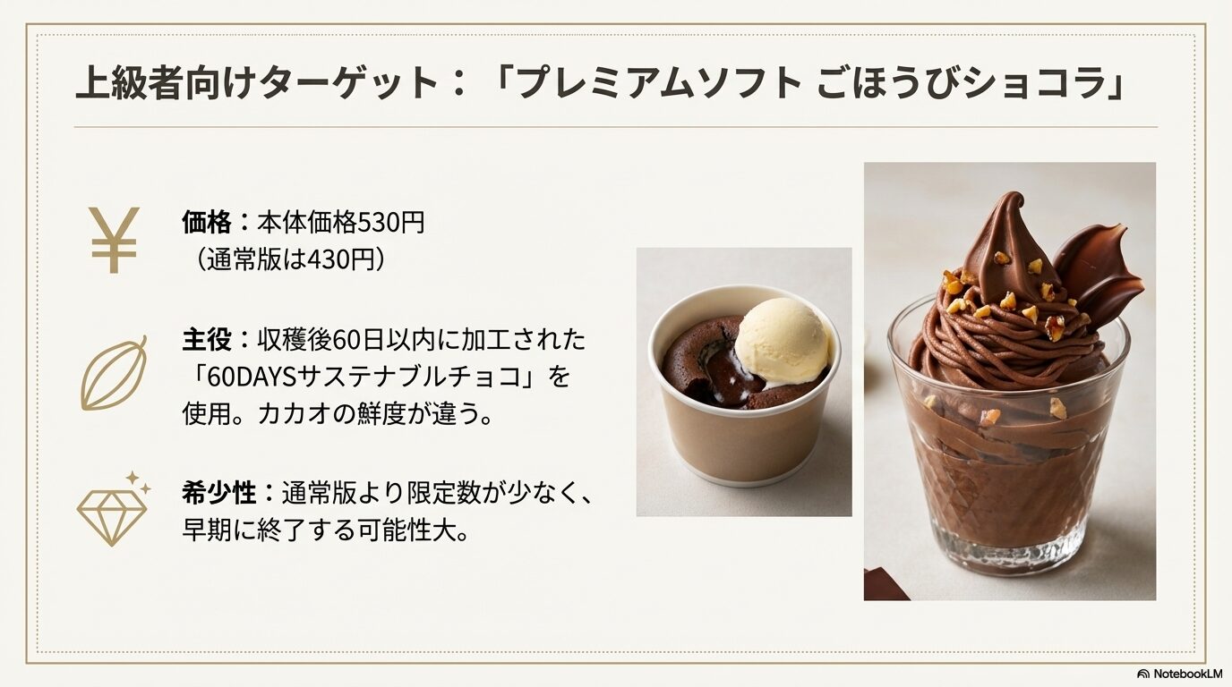 60DAYSサステナブルチョコを使用したミニストップのプレミアムソフト「ごほうびショコラ」の商品紹介スライド。