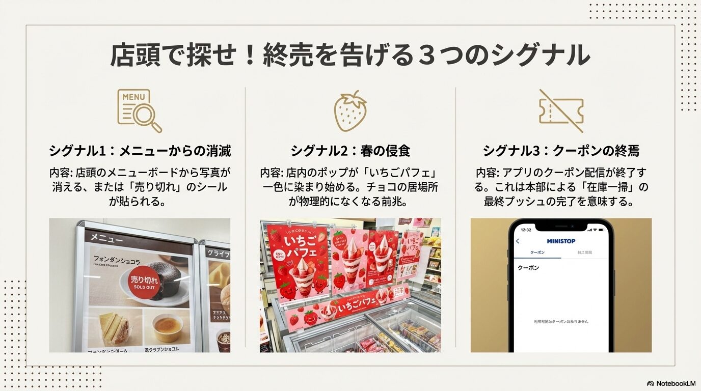ミニストップ店頭のメニューボードやアプリ画面で確認できる、フォンダンショコラ販売終了のサイン3点。