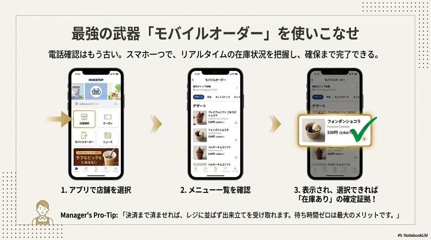 ミニストップアプリのモバイルオーダー画面を使用して、フォンダンショコラの在庫状況をリアルタイムで確認する手順の解説。