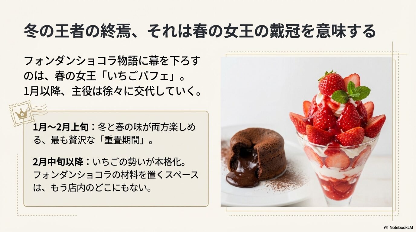 ミニストップの冬メニューから春メニューへ、フォンダンショコラといちごパフェが入れ替わる時期の解説図。
