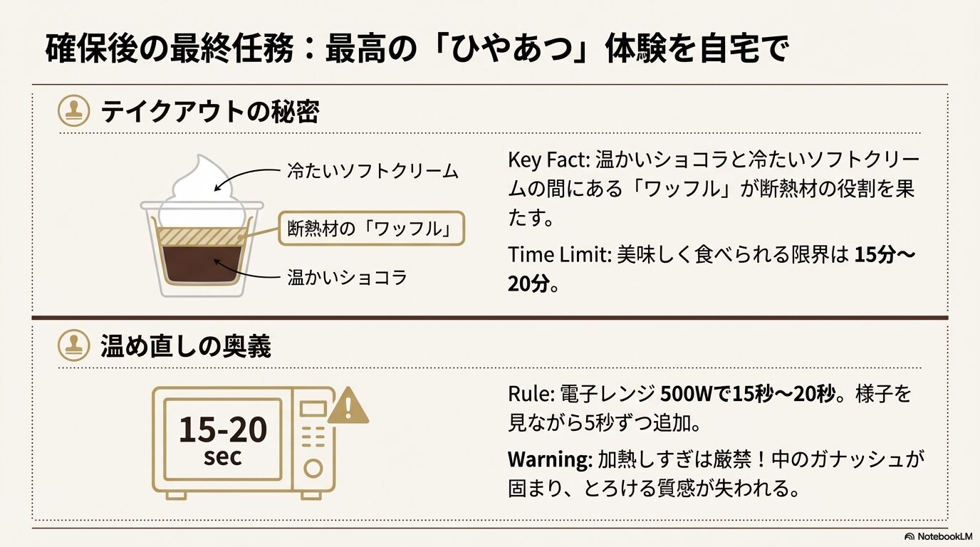 容器内のワッフル断熱構造の図解と、電子レンジ500Wで15秒から20秒加熱するフォンダンショコラの温め直し手順。