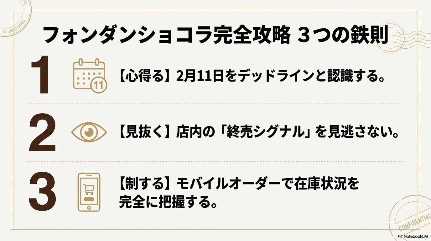 2月11日をデッドラインとすること、終売シグナルを見抜くこと、モバイルオーダーを活用することをまとめた3つの鉄則。