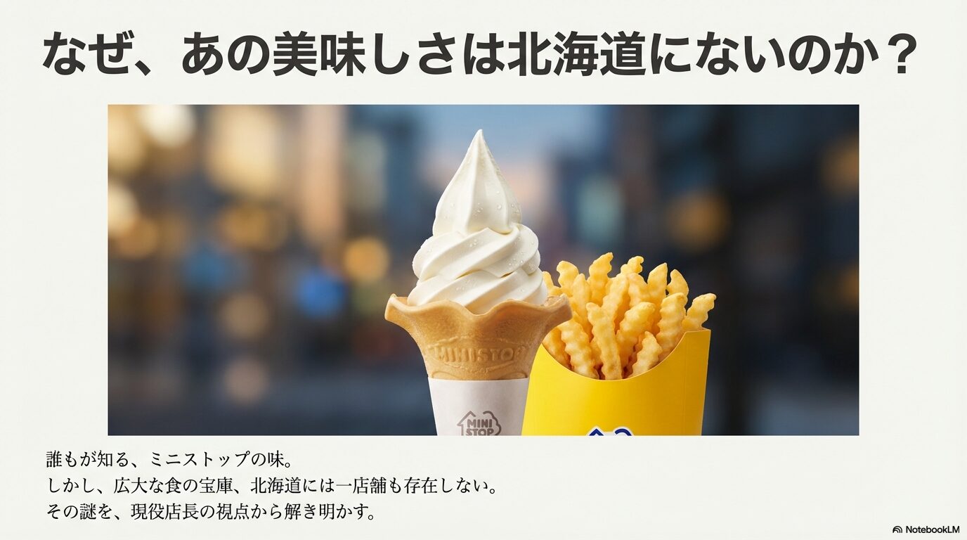 ニストップのソフトクリームとポテトの画像に、「なぜ、あの美味しさは北海道にないのか?」という問いかけが添えられた導入スライド。
