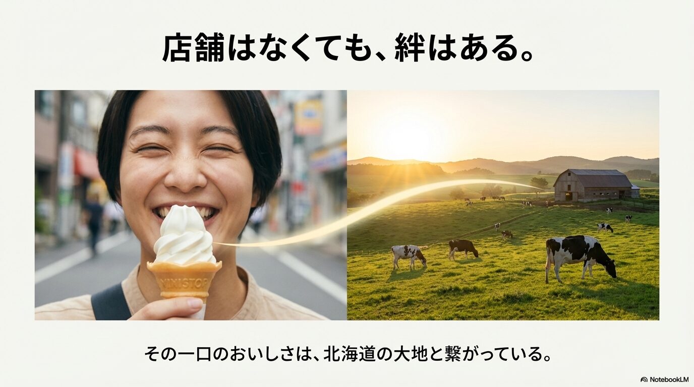 笑顔でソフトクリームを食べる女性と北海道の牧場風景を繋ぎ、「店舗はなくても、絆はある」というメッセージを添えたエンディングスライド。