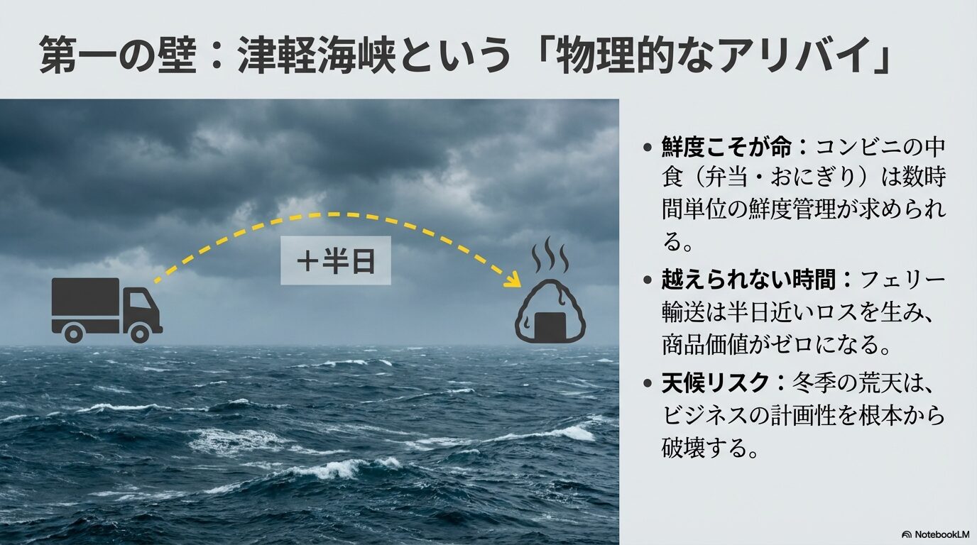 津軽海峡を越えるフェリー輸送による半日のタイムロスと、鮮度管理の重要性、天候リスクを解説したスライド。
