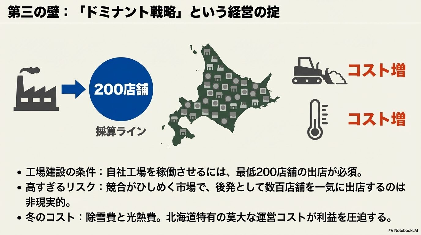 北海道の地図を背景に、工場稼働に必要な最低200店舗の採算ラインと、除雪費・光熱費などの冬季コスト負担を説明したスライド。