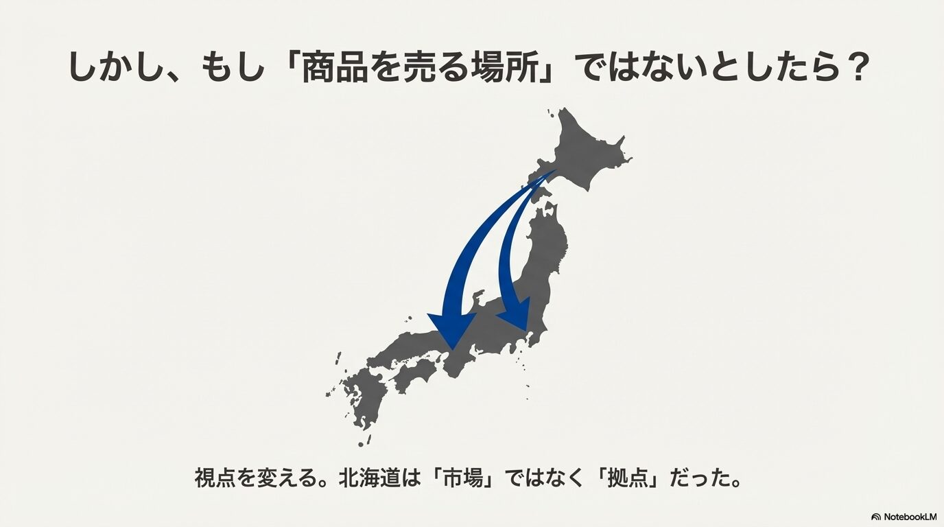 北海道を「市場」ではなく「拠点」と捉える視点の転換と、北海道産の生乳が本州の店舗で価値に変わる「道産本州消」戦略の図解。