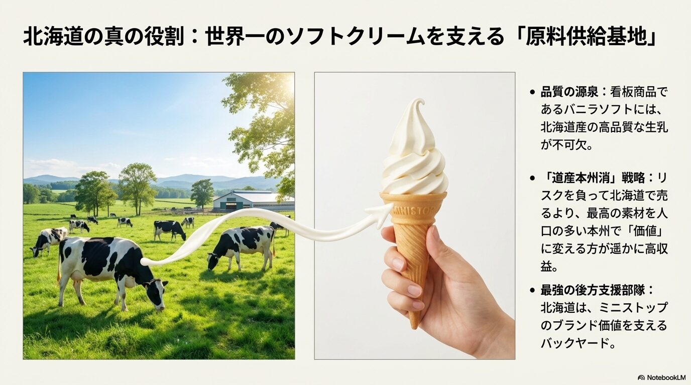 北海道を「市場」ではなく「拠点」と捉える視点の転換と、北海道産の生乳が本州の店舗で価値に変わる「道産本州消」戦略の図解。
