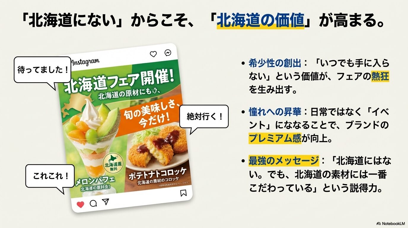 SNSでの反響をイメージし、「いつでも手に入らない」からこそ高まるブランドの希少性と、北海道素材へのこだわりを伝えるメッセージスライド。