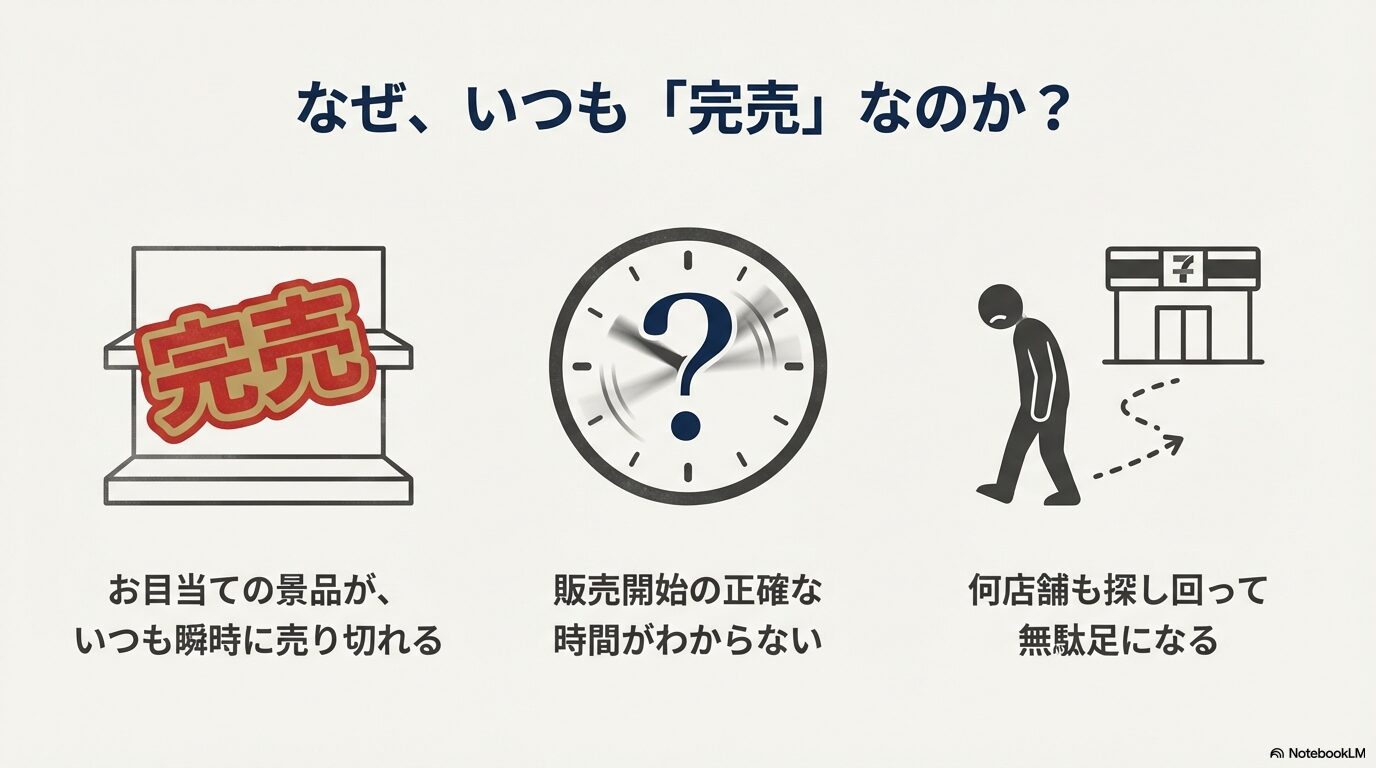 景品が瞬時に売り切れる、販売時間が不明、店舗探しが無駄足になるといった一番くじ購入時の課題をまとめた画像