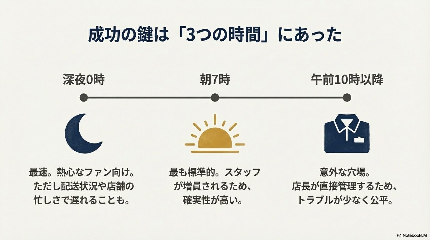 深夜0時、朝7時、午前10時以降というミニストップの販売開始時間帯ごとの特徴と確実性の比較表