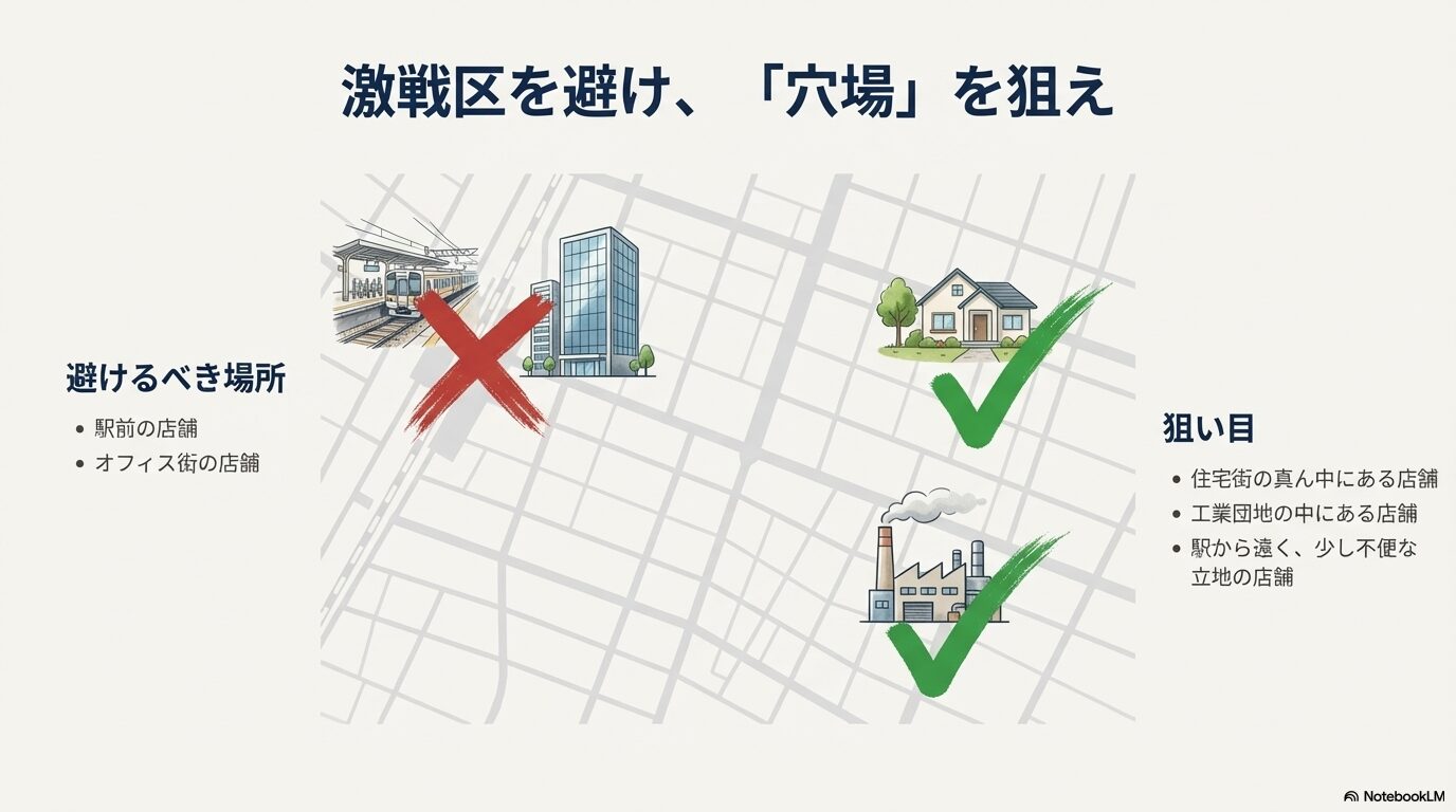駅前やオフィス街の激戦区を避け、住宅街や工業団地などの穴場店舗を狙うための立地条件マップ画像