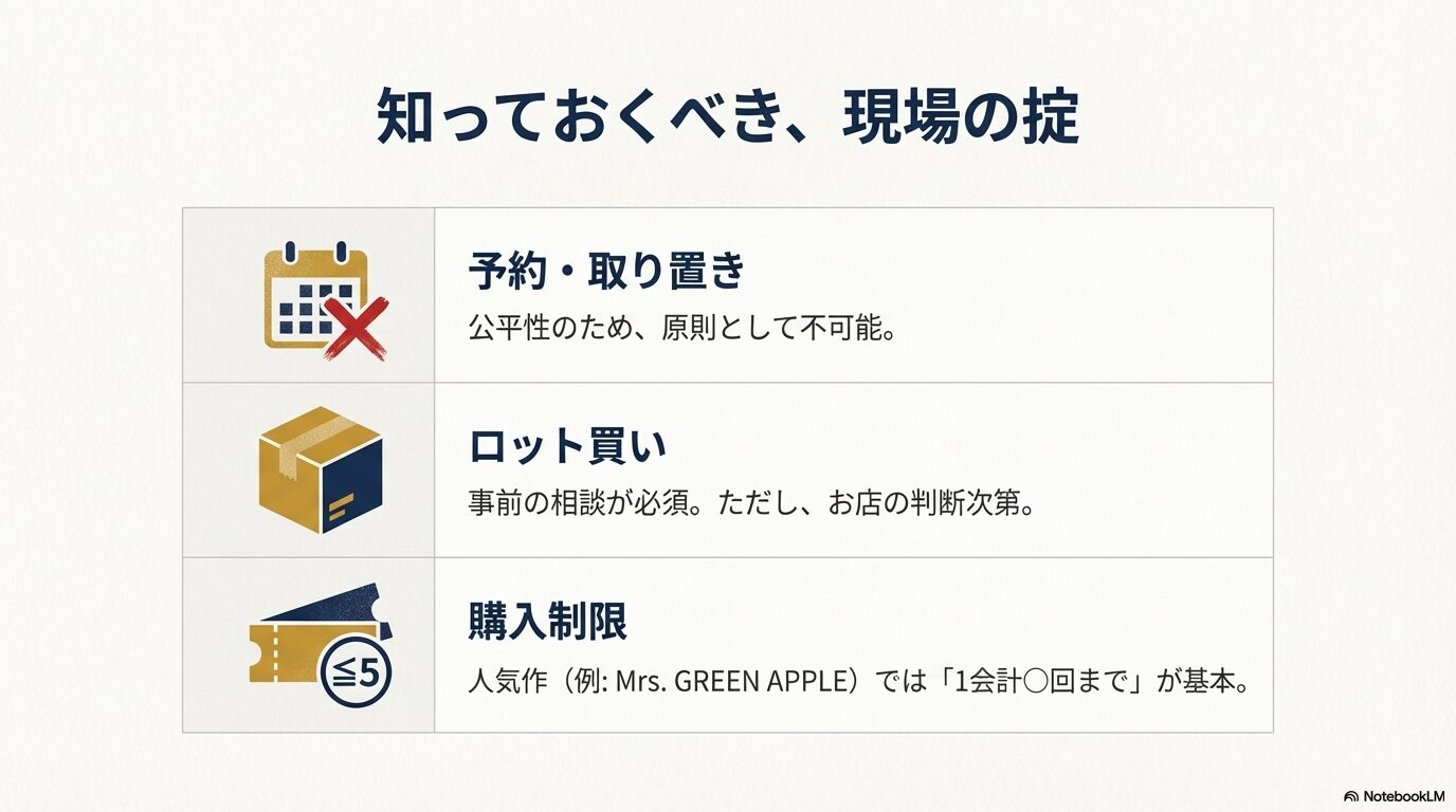 一番くじの事前予約不可、ロット買いの相談方法、人気タイトルの購入制限についての注意点をまとめたスライド