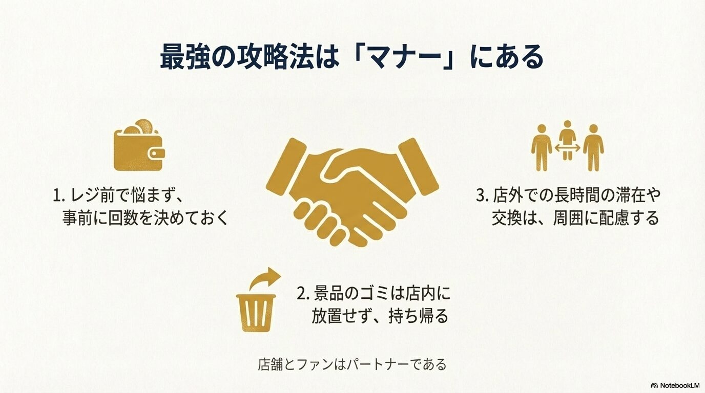 レジ前で悩まない、ゴミを持ち帰る、周囲に配慮するといった店舗とファンの良好なパートナーシップのためのマナー3箇条
