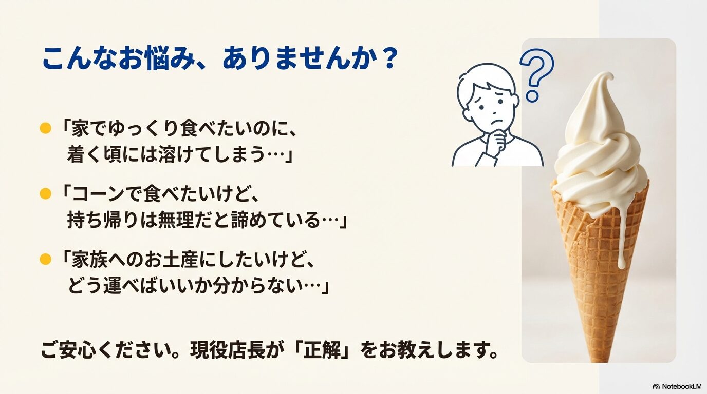 家に着くまでに溶ける、コーンで持ち帰りたい、運び方がわからないといった読者の悩みのまとめ