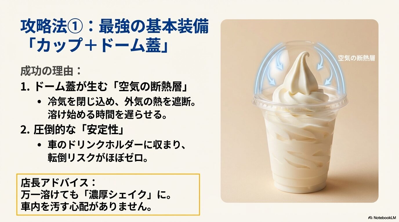 ミニストップのカップソフトクリームにドーム蓋を被せることで生まれる空気の断熱層と安定性の解説