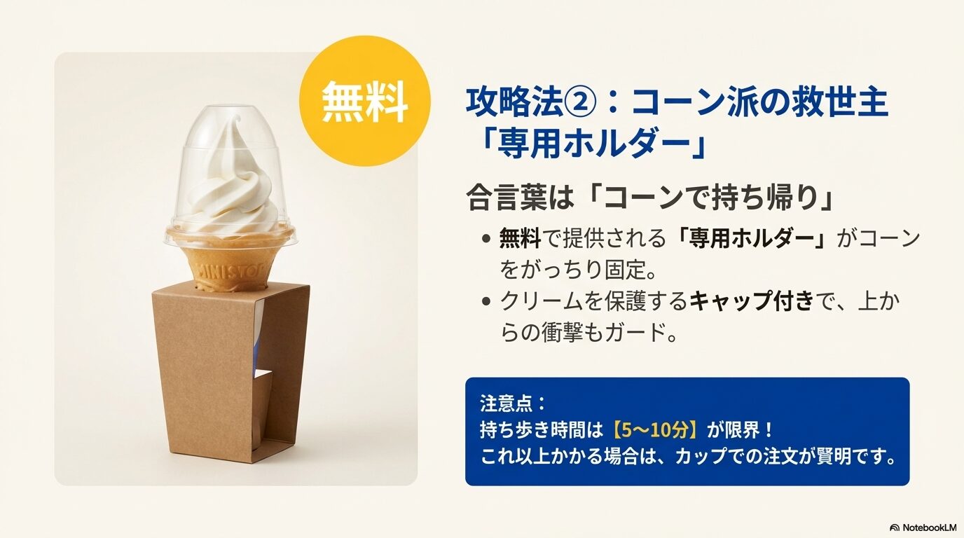 コーンをがっちり固定する無料の専用ホルダーと上部を保護するキャップの紹介スライド