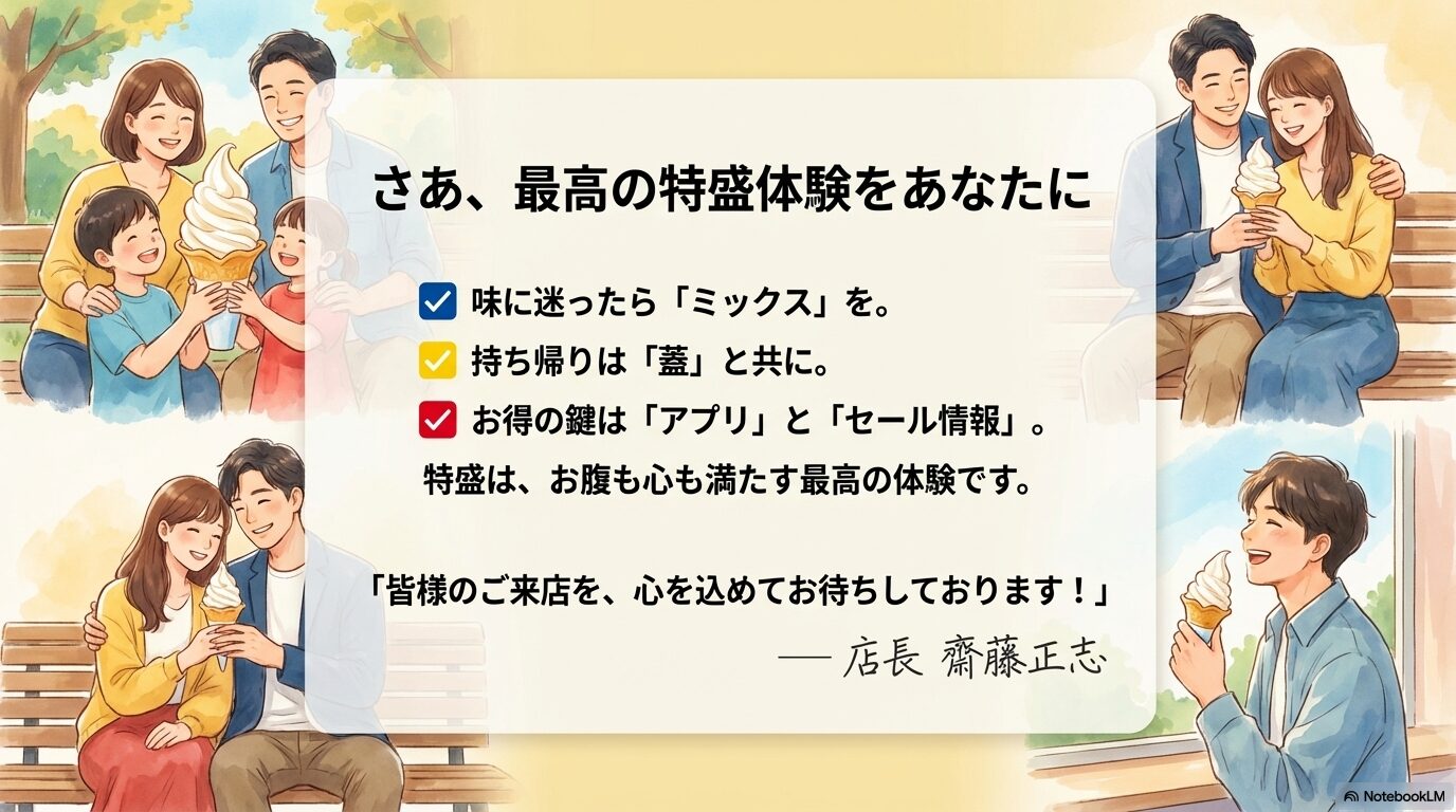 味に迷ったらミックス、持ち帰りは蓋、アプリとセールの活用など、最高の特盛体験を楽しむためのポイントをまとめた店長からのメッセージスライド