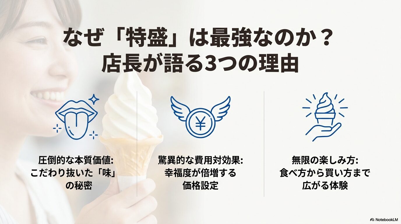 ミニストップの特盛ソフトが最強な理由として、圧倒的な本質価値、驚異的な費用対効果、無限の楽しみ方の3点を挙げた図解スライド