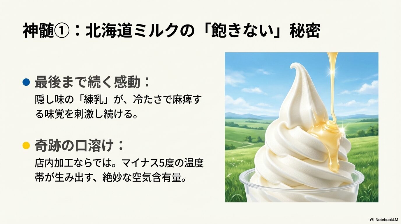 北海道ミルクソフトの美味しさの神髄として、隠し味の練乳による感動と、店内加工マイナス5度がもたらす空気含有量の秘密を説明する画像