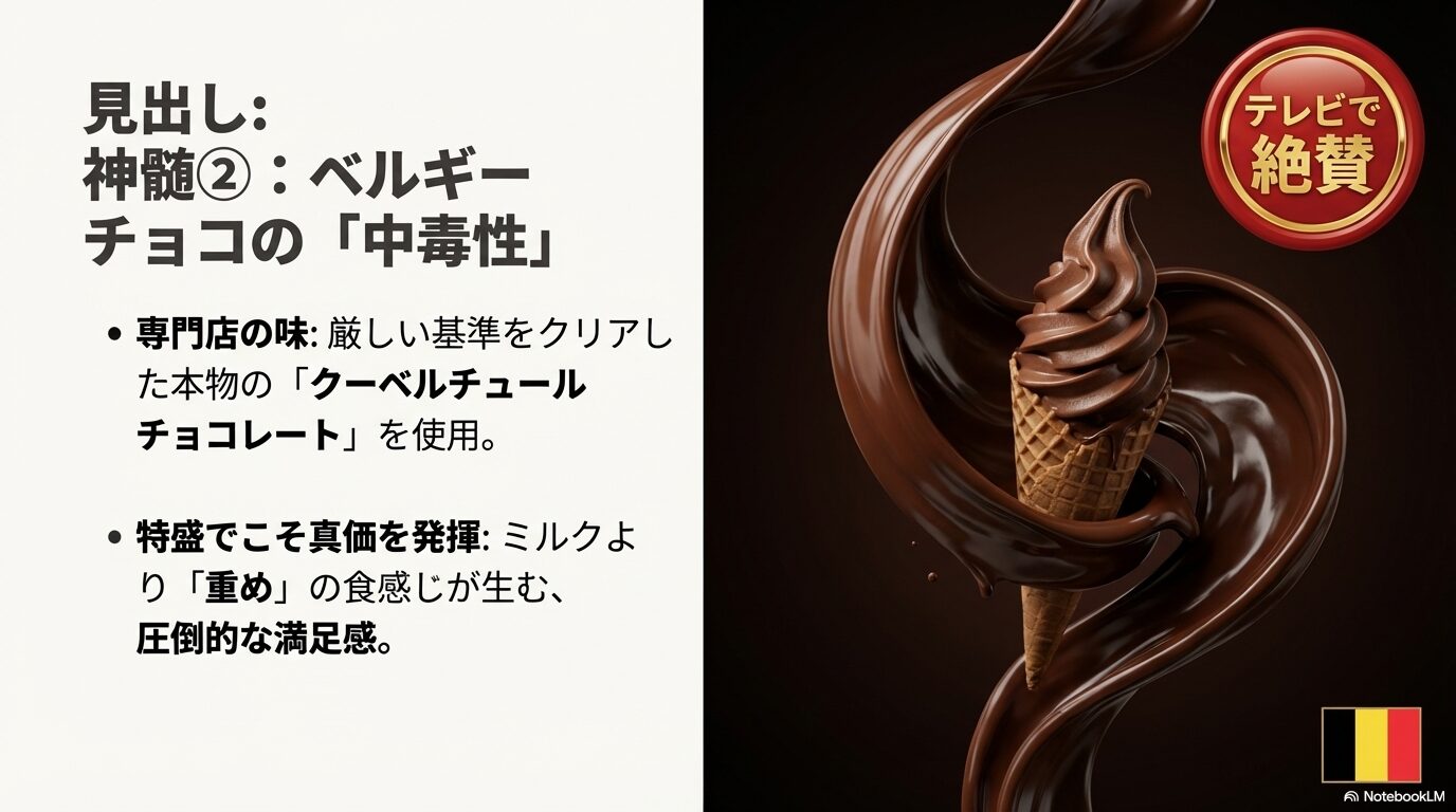 本物のクーベルチュールチョコレートを使用したベルギーチョコソフトが特盛でこそ真価を発揮し、高い満足感を生む理由を解説したスライド